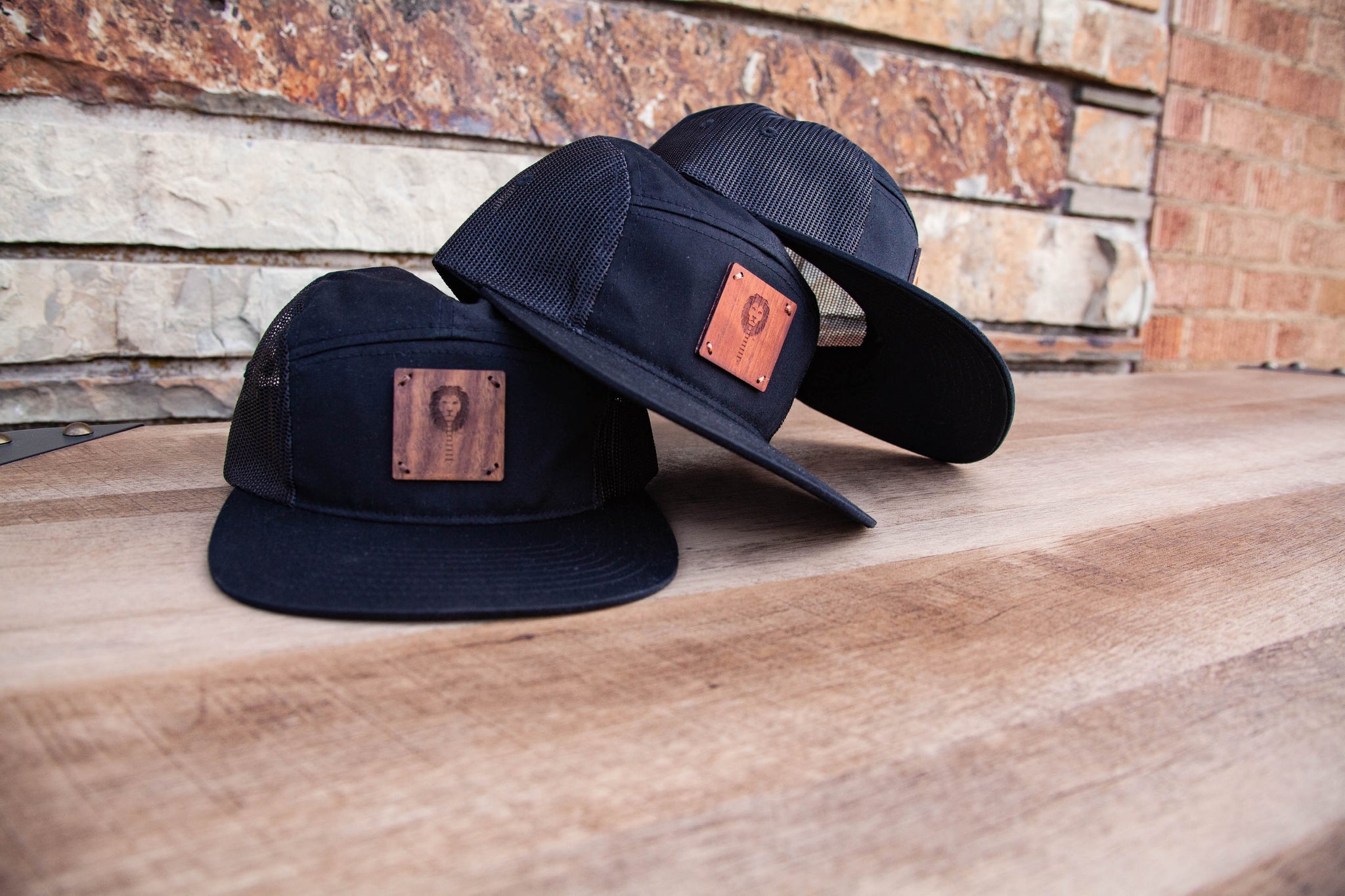Black 5 Panel Trucker Hat with WL Wood Patch Maple / Wood and Fabric