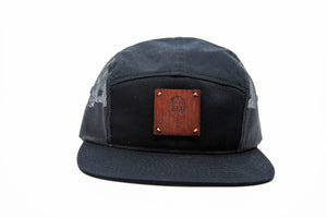 Black 5 Panel Trucker Hat W/*CUSTOM ENGRAVED wood or leather patch