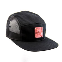 Black 5 Panel Trucker Hat W/*CUSTOM ENGRAVED wood or leather patch